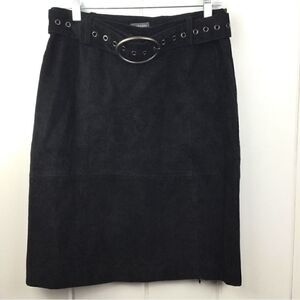 Rem Garson Vintage Black‎ Suede Leather Pencil Skirt & Buckled Belt, Size 6